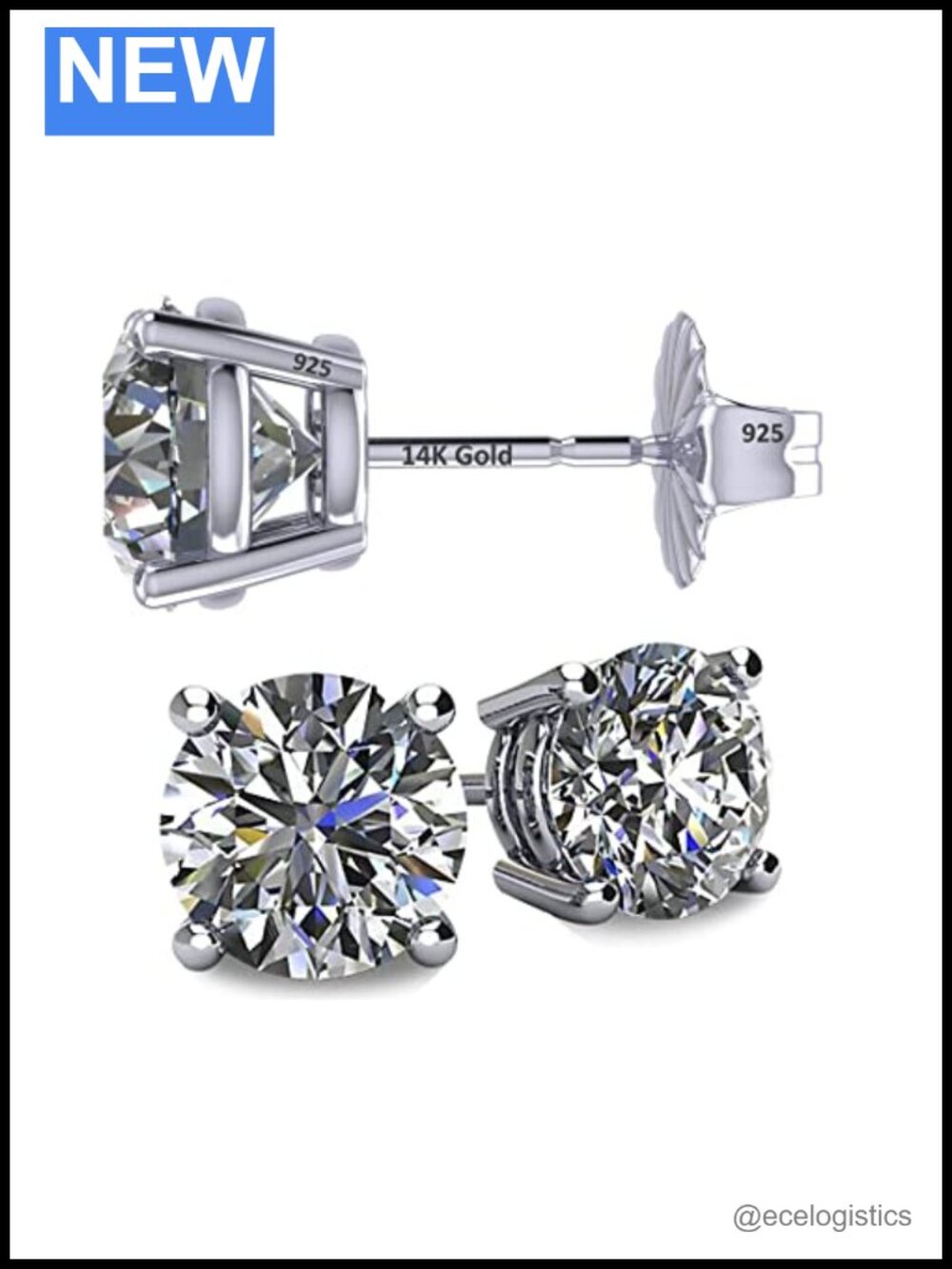 14K Solid Gold Post Stud Earrings Platinum Plated Sterling Silver Zirconia